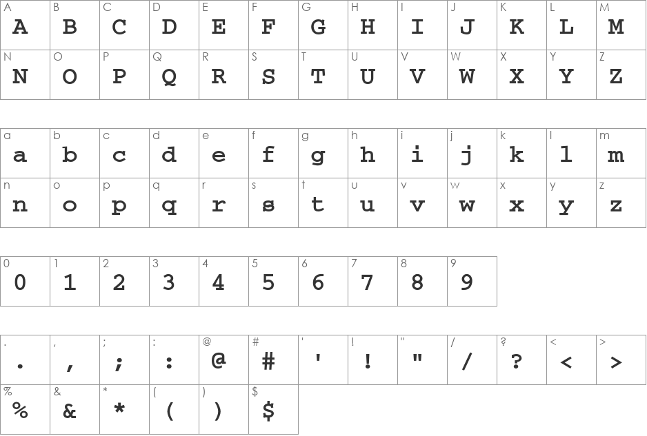CourierC font character map preview