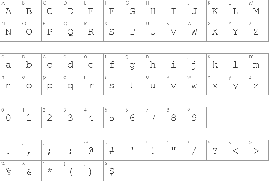 Courtier font character map preview