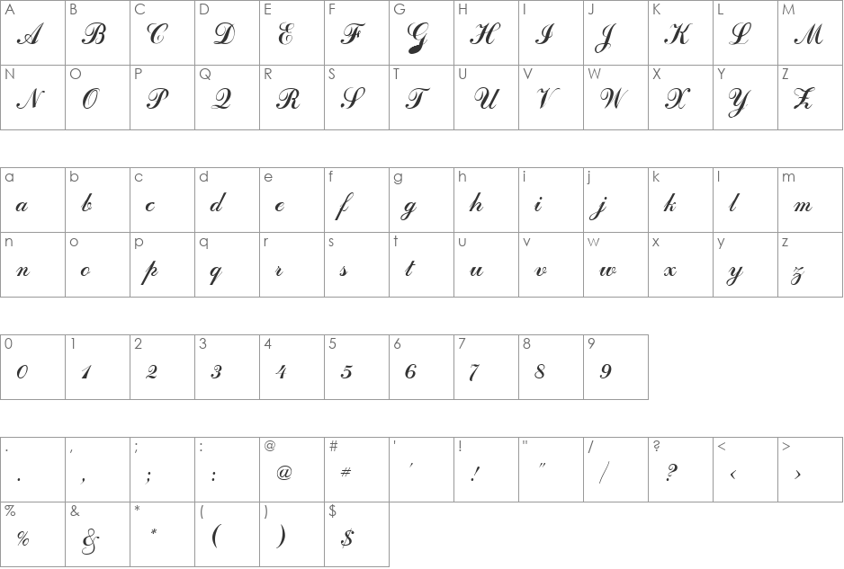 CoventryScript font character map preview