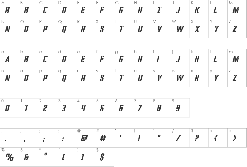 Covert Ops Condensed Italic font character map preview