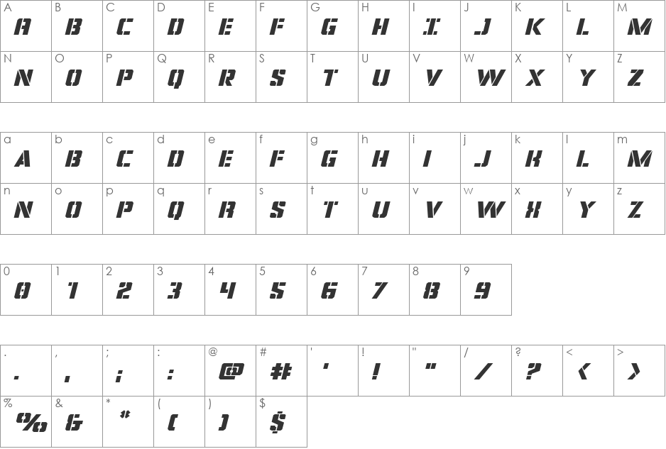 Covert Ops Expanded Italic font character map preview