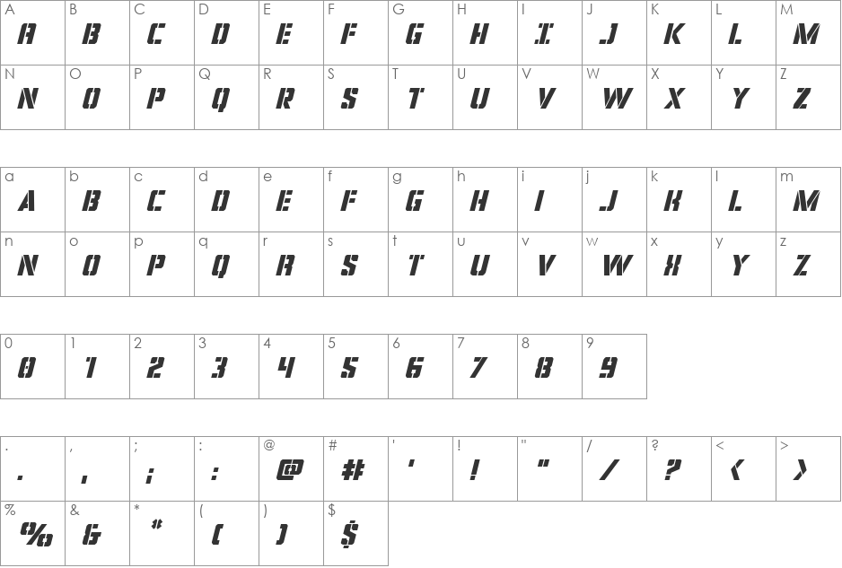 Covert Ops Italic font character map preview