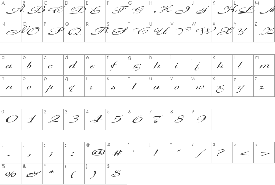 CowGirl156a font character map preview
