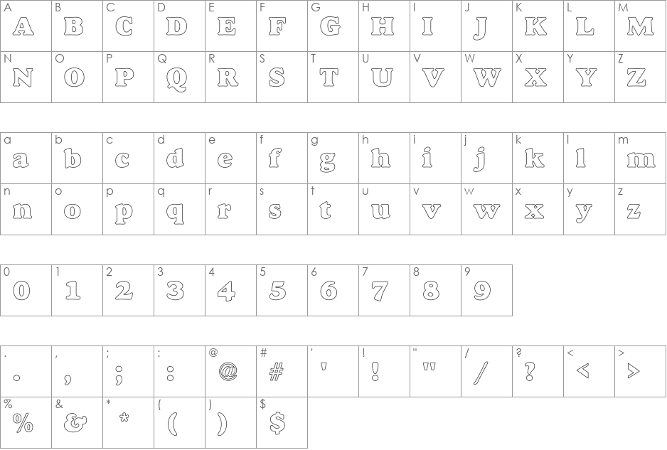 Alexuss Heavy Hollow font character map preview