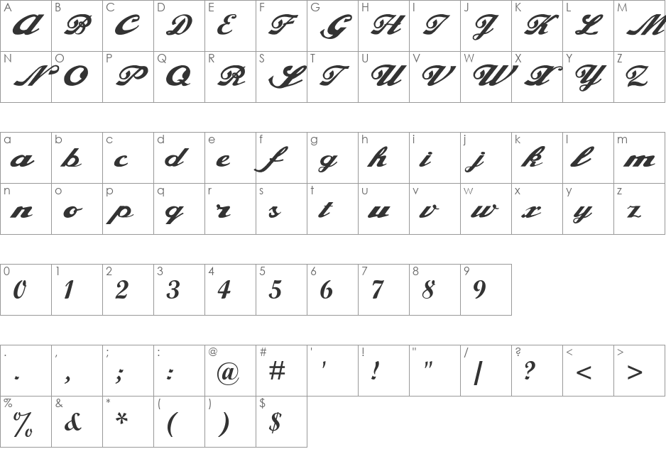 Alfaowner Script font character map preview
