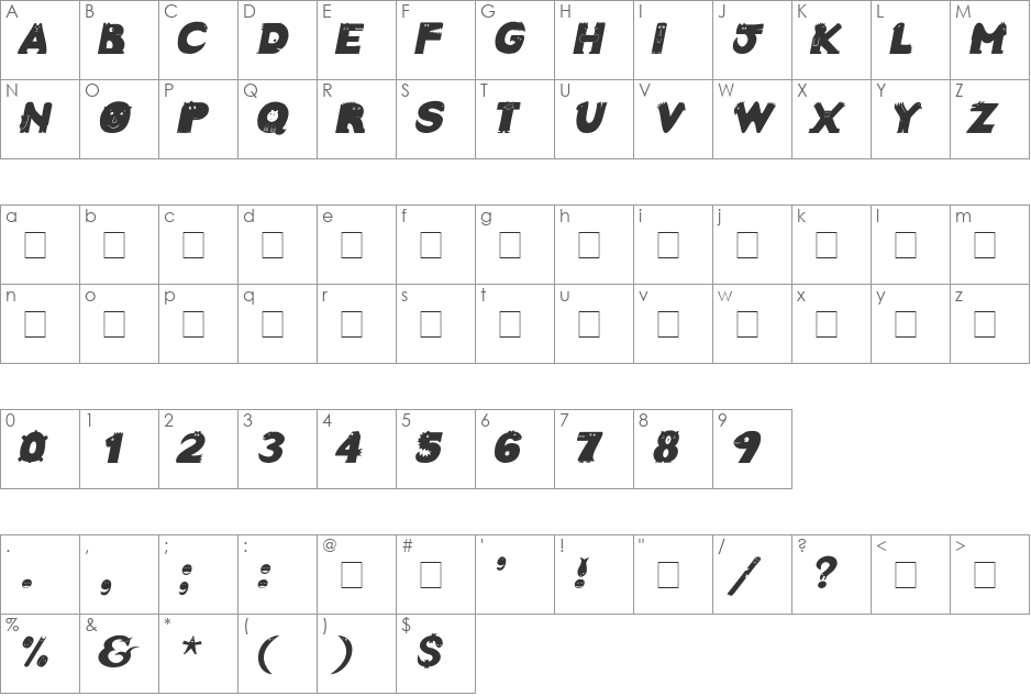 Crazy Creatures font character map preview