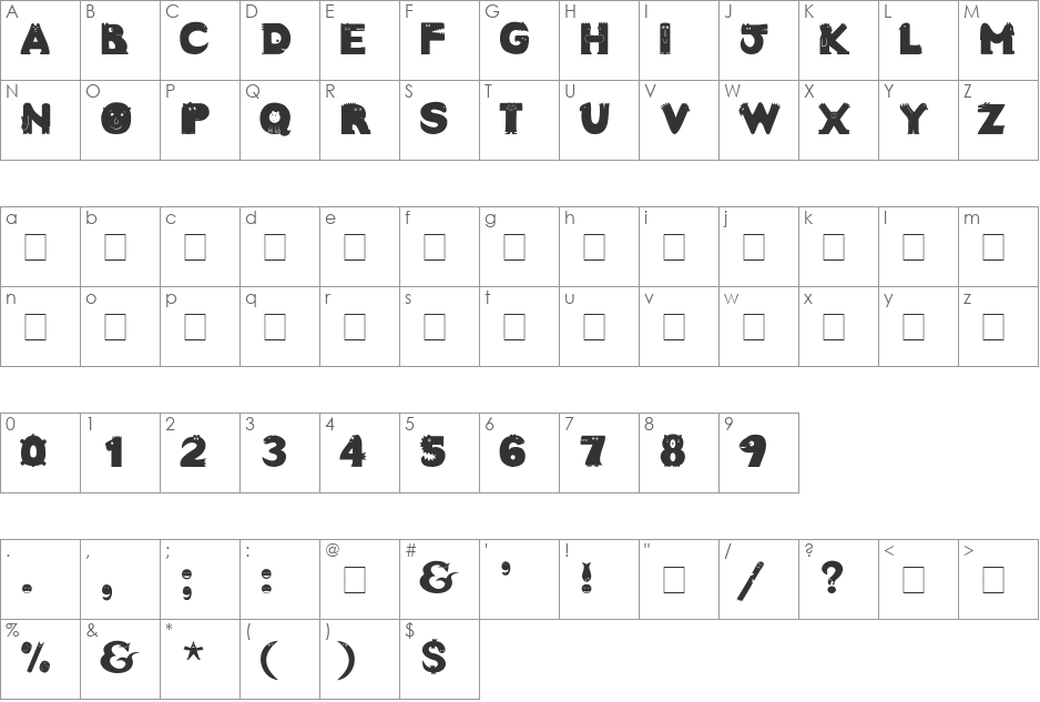 Crazy Creatures font character map preview