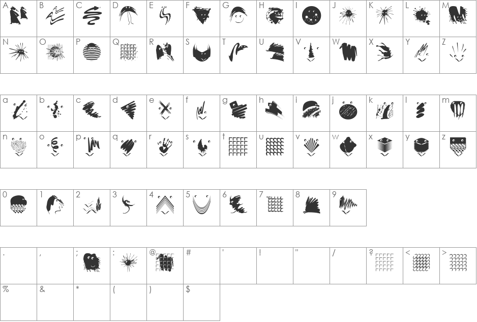 CrazyBeings font character map preview