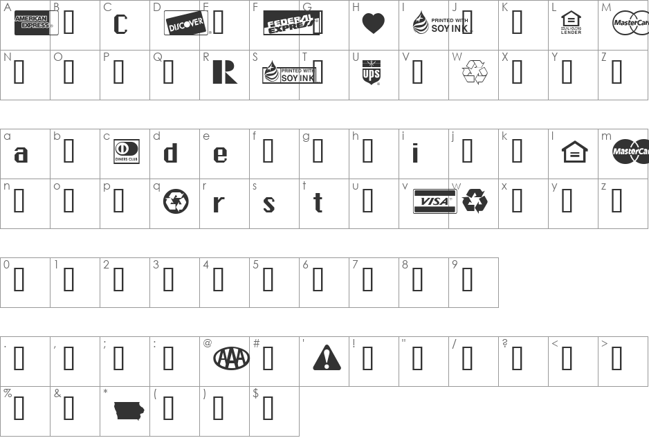 Credit Cards font character map preview