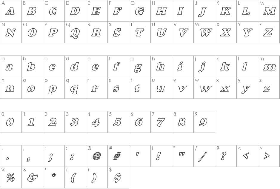 Alfredo Heavy Hollow Wide font character map preview