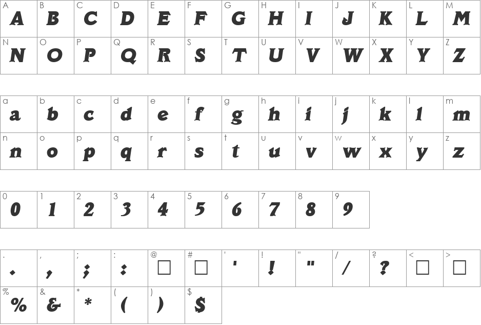 CrimmonItal font character map preview