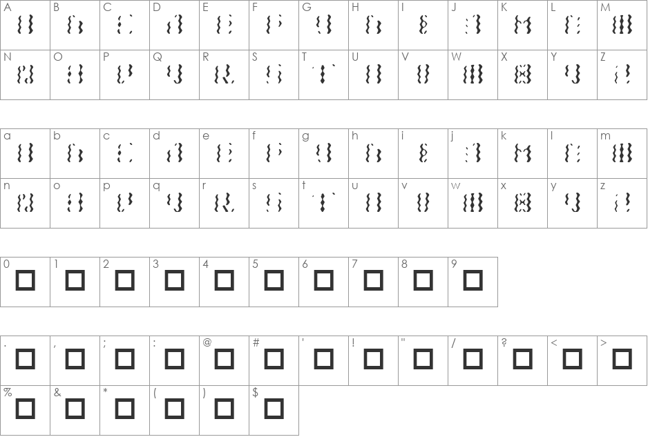 Crinkle font character map preview