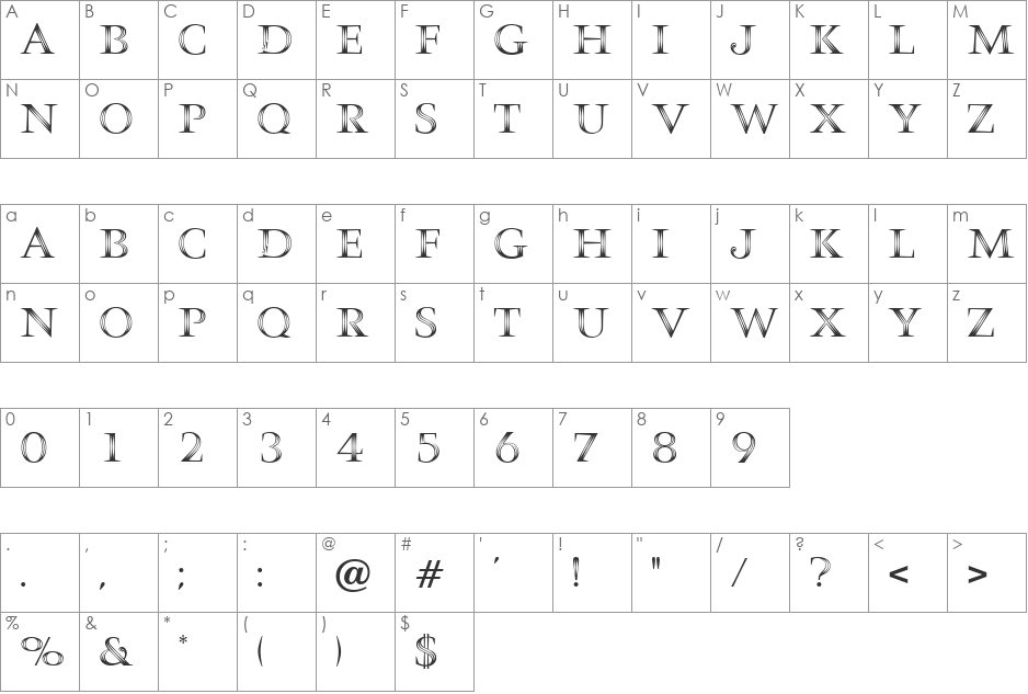 Crinoline font character map preview