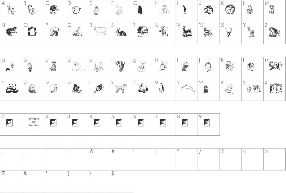 Critters by Darrian font character map preview