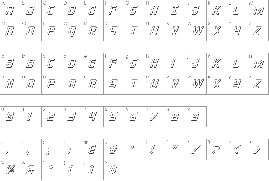 Crixus 3D Italic font character map preview