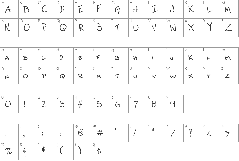 CrosbysHand font character map preview