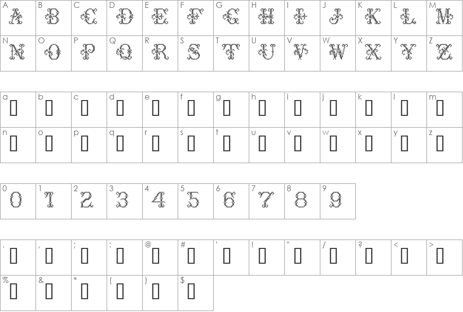 Cross Stitch Delicate font character map preview