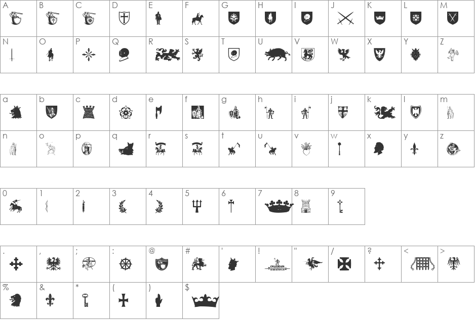 Crusader font character map preview