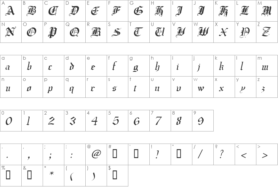 CrusaderGothic font character map preview