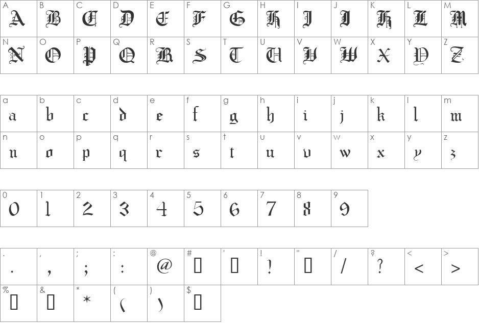 CrusaderGothic font character map preview
