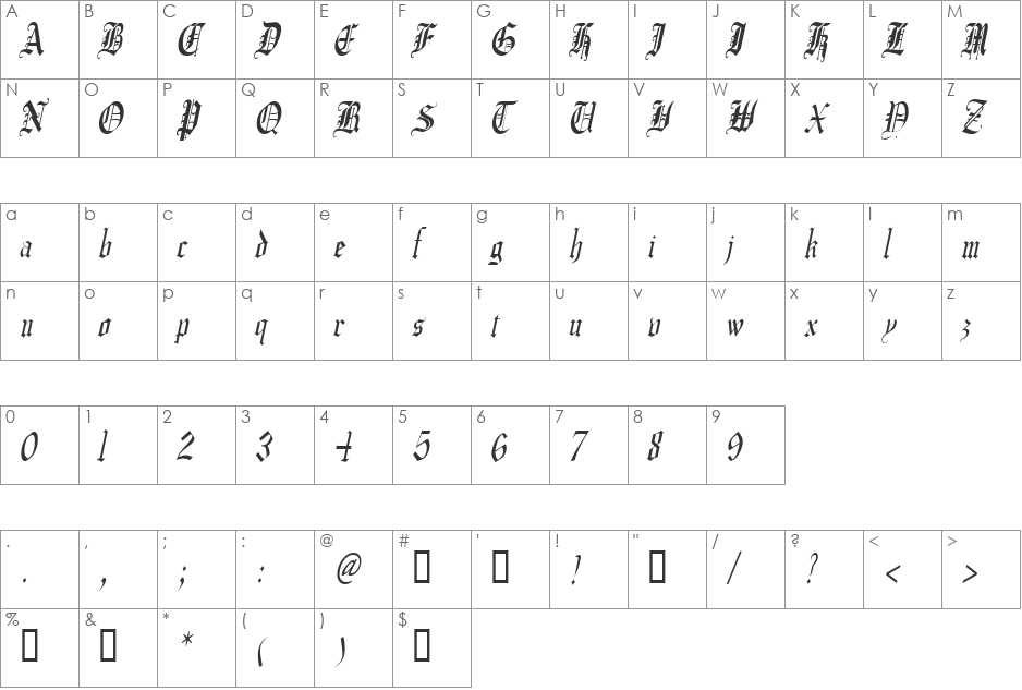 CrusaderGothicCondensed font character map preview