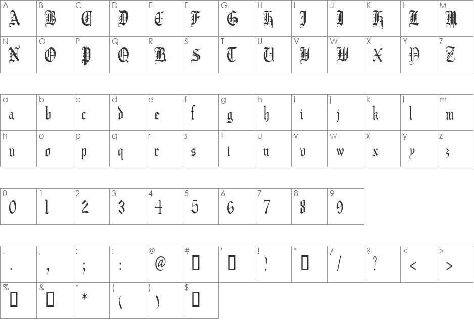 CrusaderGothicCondensed font character map preview