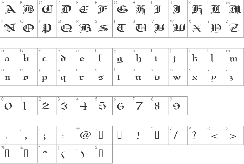 CrusaderGothicExtended font character map preview