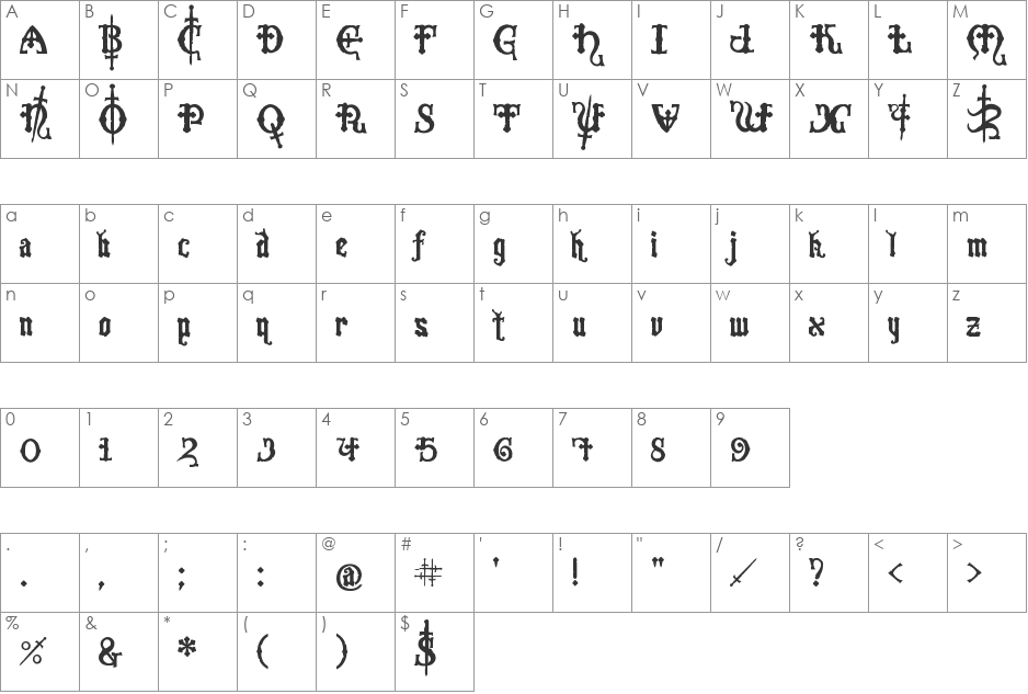 Crusades font character map preview
