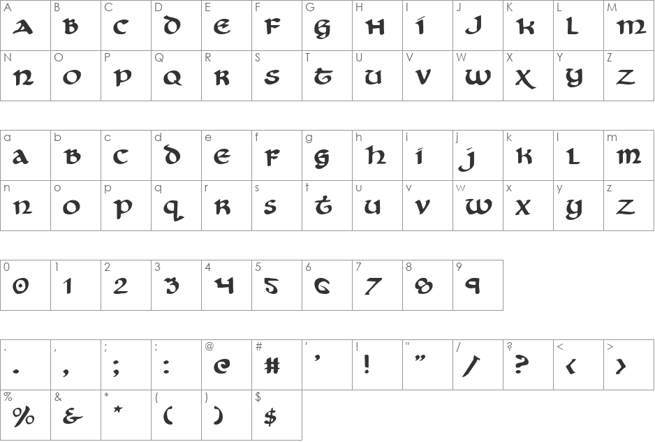 Cry Uncial Italic font character map preview