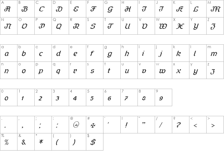 Curfract 51 DB font character map preview