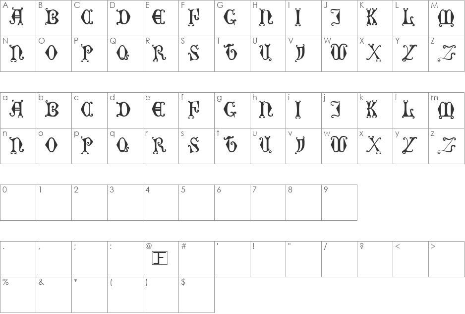 Curled Serif font character map preview