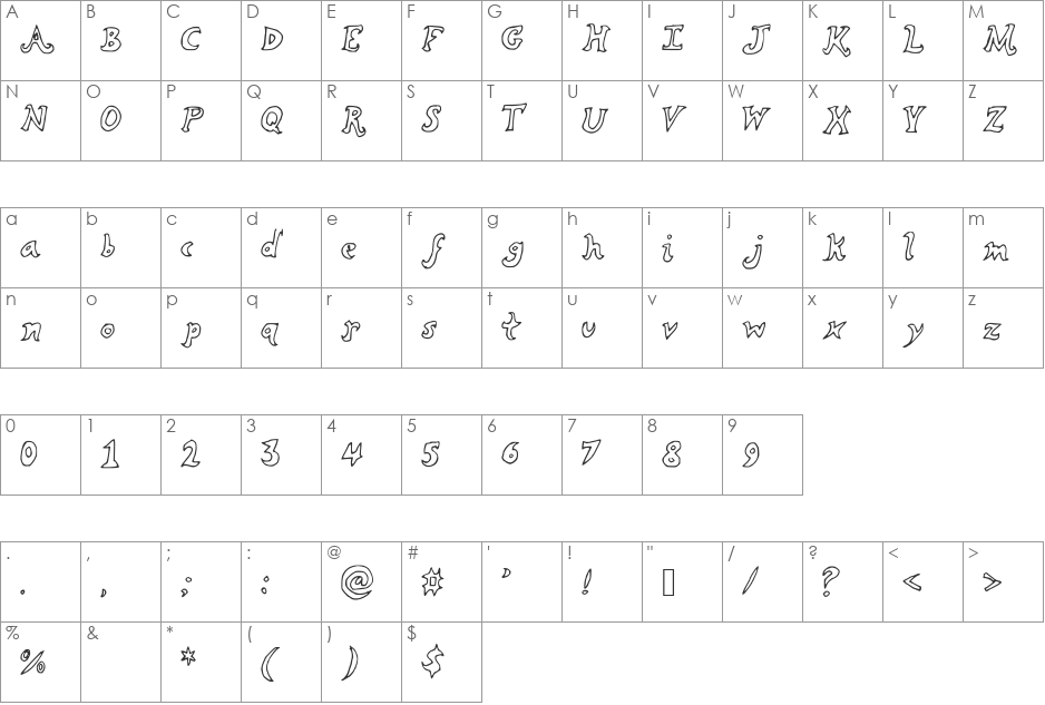 Curling font character map preview