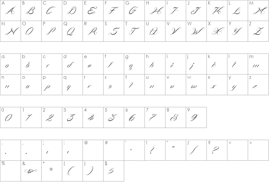 Curlings font character map preview