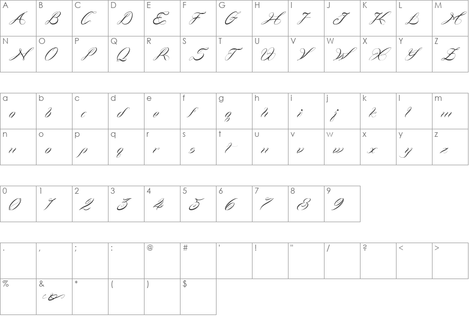 Curlings font character map preview