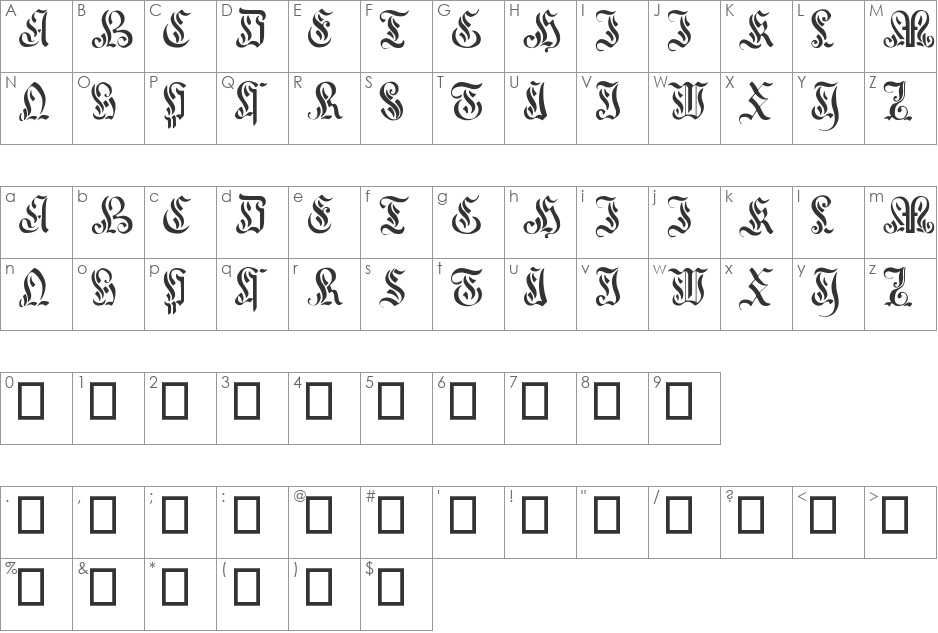 Curved Manuscript, 17th c. font character map preview