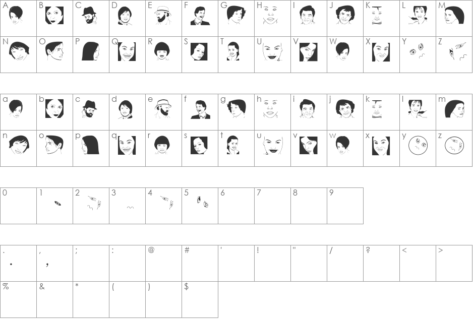 CuteFaces font character map preview