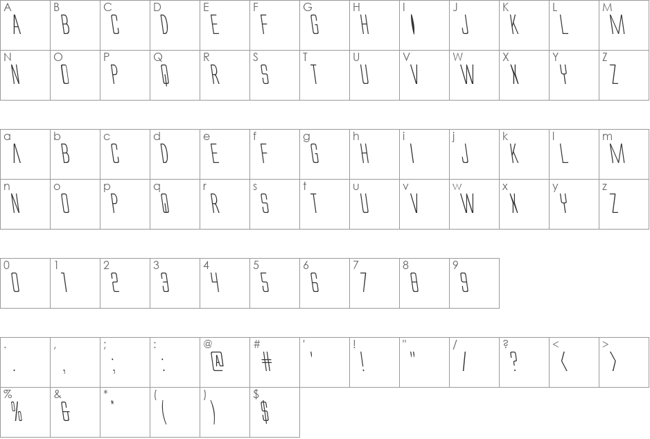 Alien League II Leftalic font character map preview