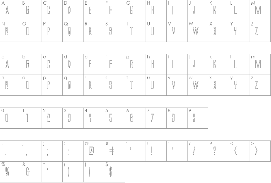 Alien League II Outline font character map preview