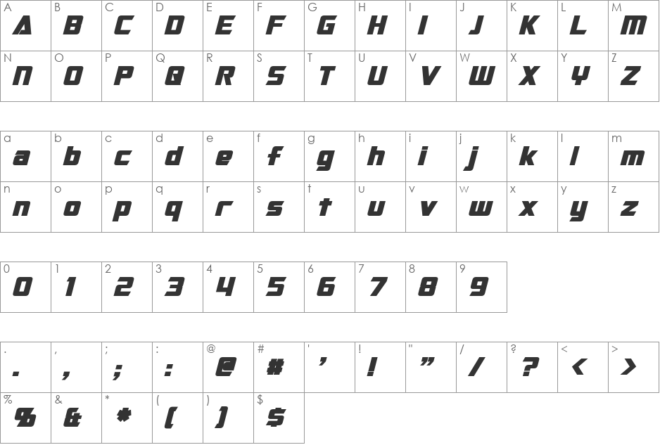 Cybertron font character map preview