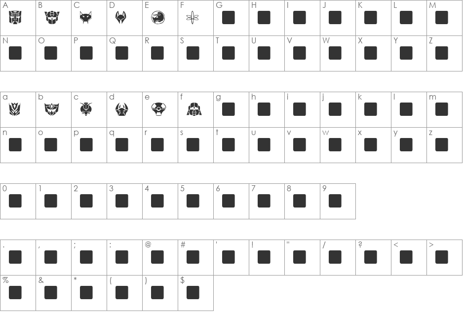 Cybertron Generations font character map preview