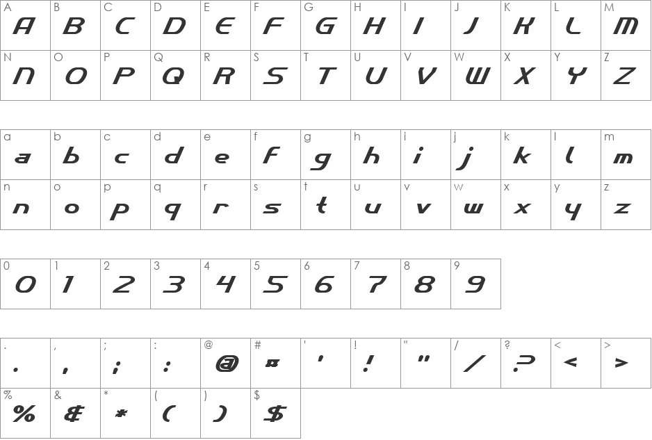 Cybertron Metals font character map preview