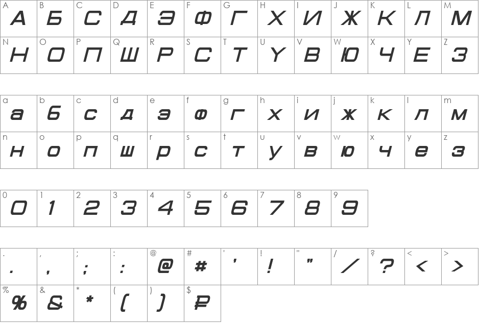 Cyrillian font character map preview