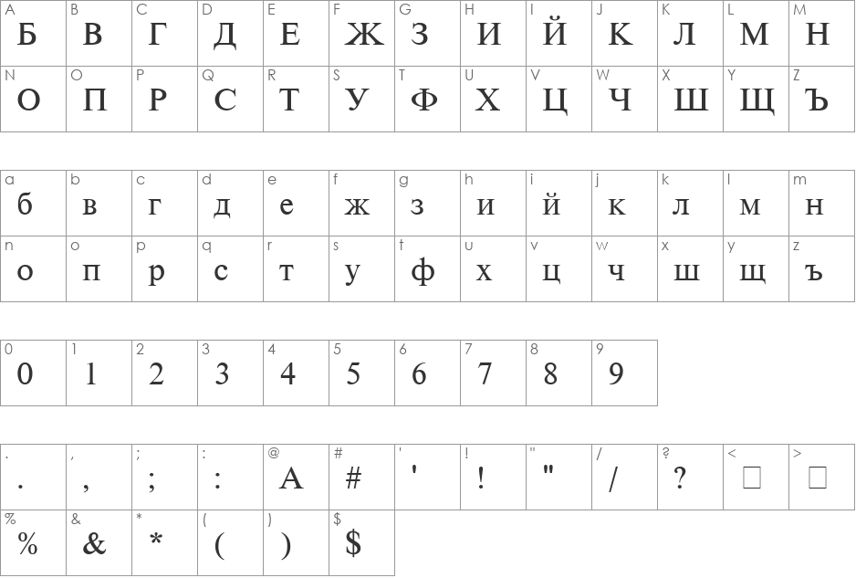 Cyrillic Classic font character map preview