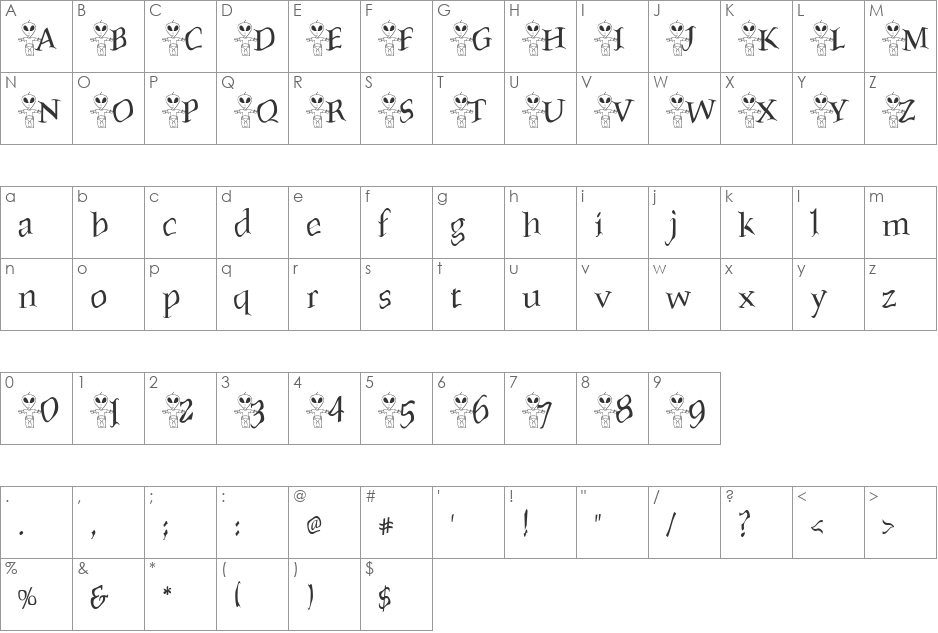 AlienBaby font character map preview