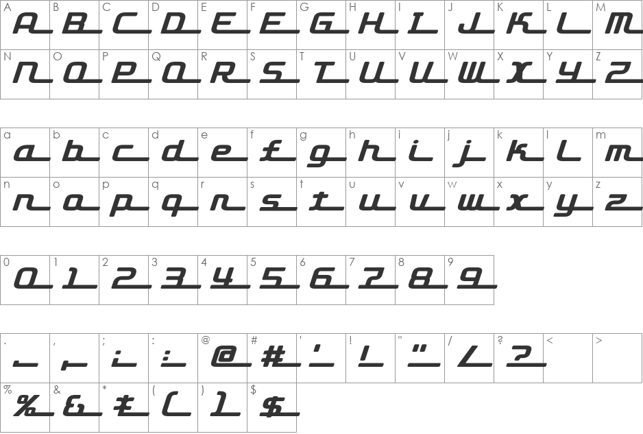 D3 Roadsterism Long Italic font character map preview