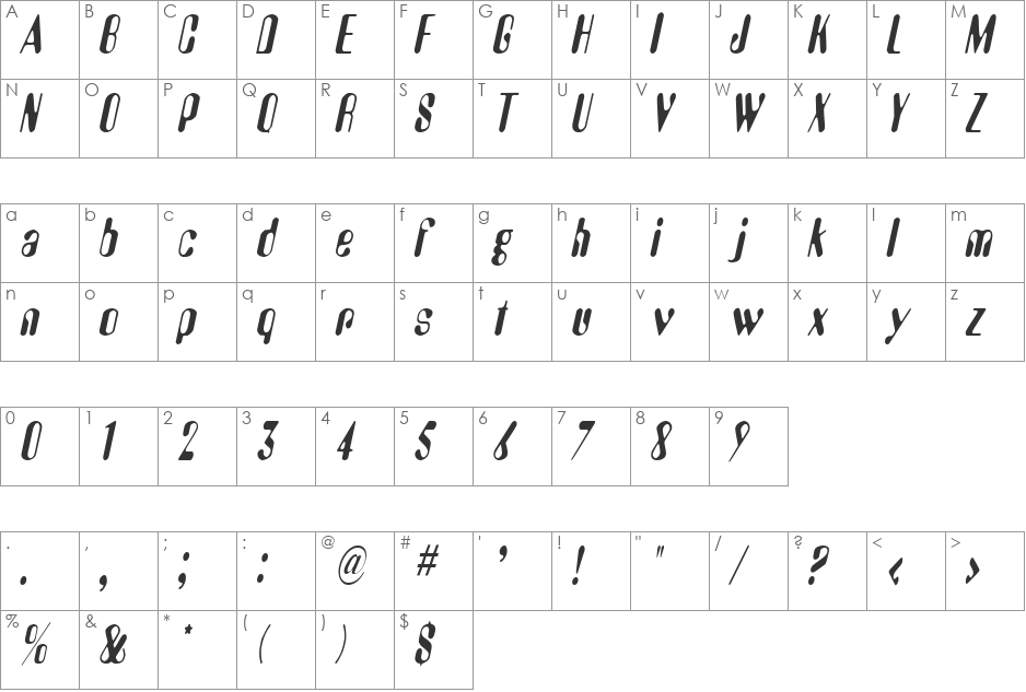 AlienEyeCondensed font character map preview