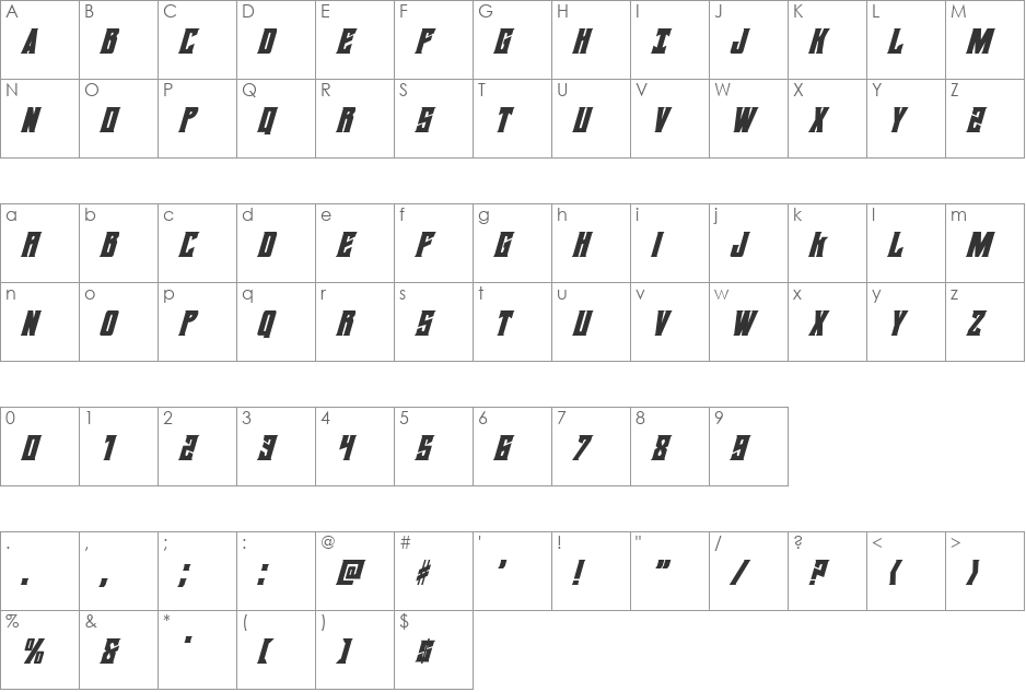 Daemonicus Condensed Italic font character map preview