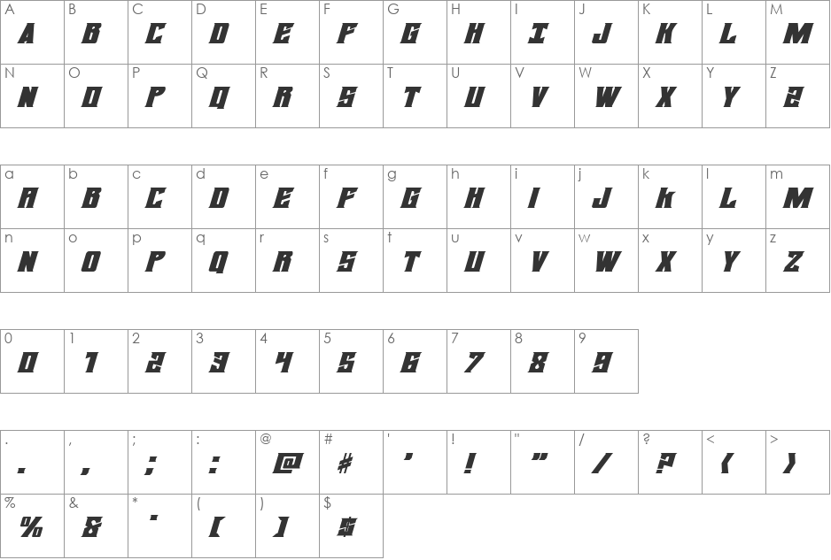 Daemonicus Expanded Italic font character map preview