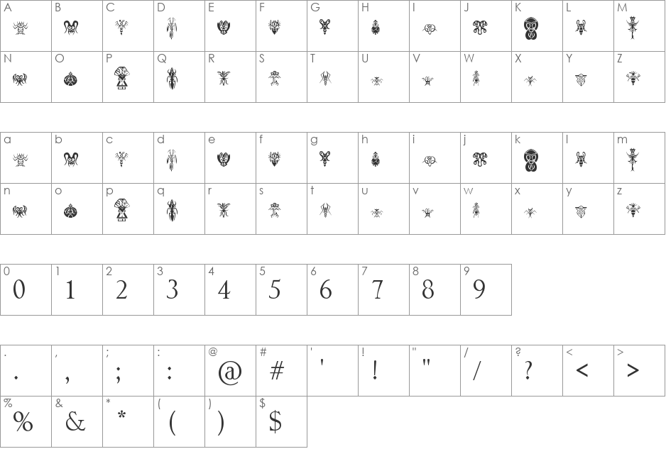 aliens font character map preview