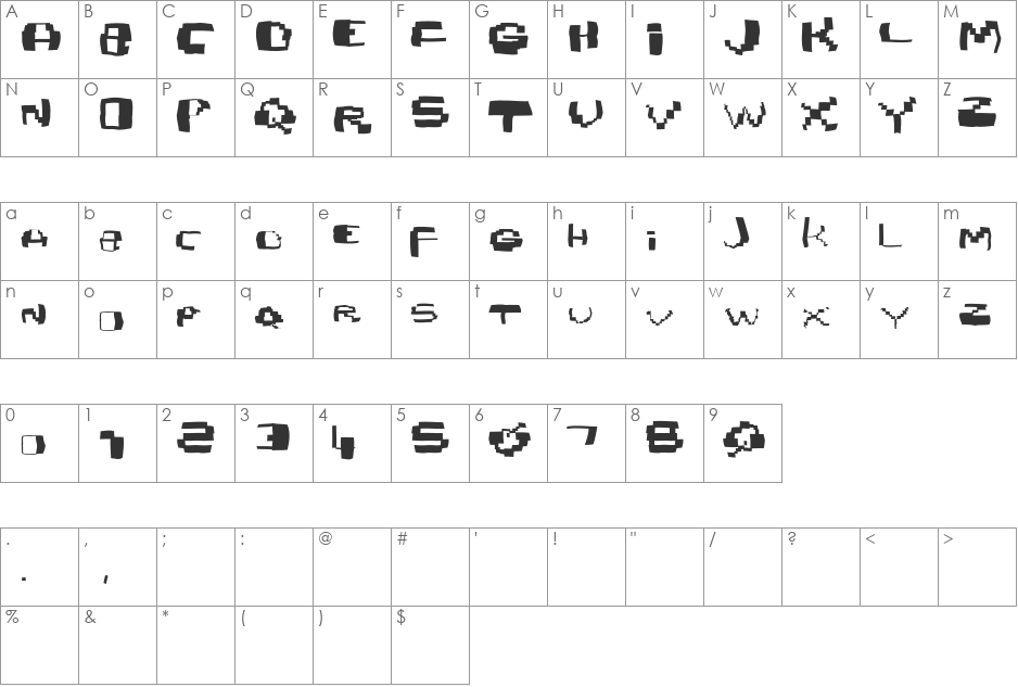 Damagedpixfont font character map preview